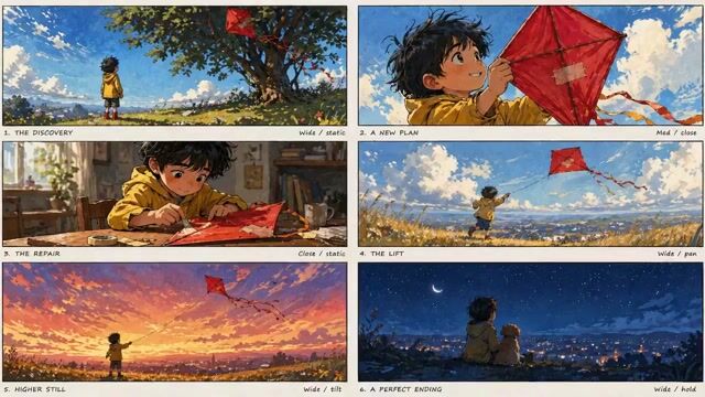 Six-panel watercolor storyboard of a young boy rescuing a red kite across grassy field scenes.