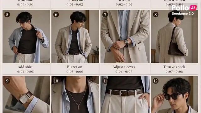 Four-by-four menswear storyboard collage showing outfit changes, close-up clothing details, and get-ready-with-me transitions.