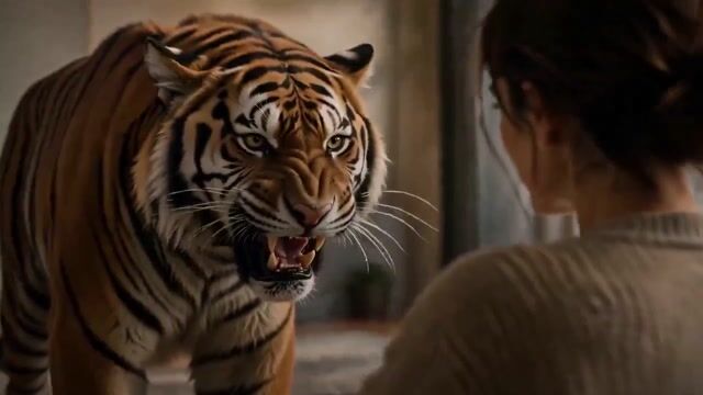 Cinematic living-room video frame with a tiger in a dramatic scene, used as an image-to-video action example.