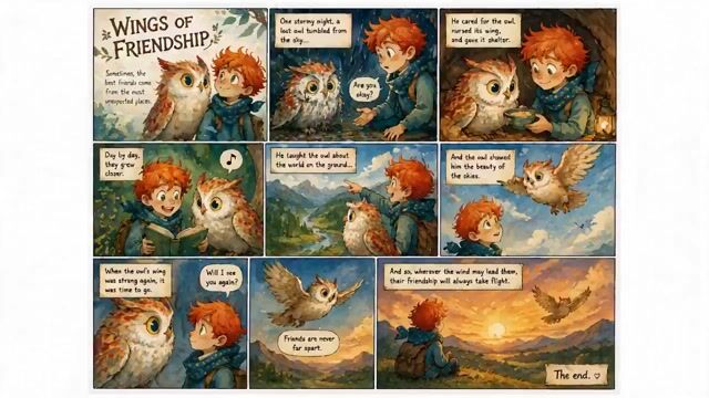 Six-panel illustrated storyboard of a boy and birds in a warm outdoor friendship sequence.