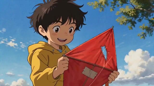 Six-panel illustrated storyboard of a boy and a red kite across sunny outdoor scenes, ending with a sunset silhouette.