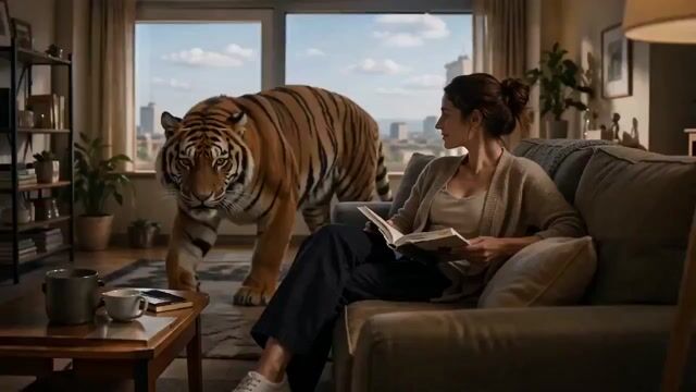 Cinematic living-room video frame with a tiger in a dramatic scene, used as an image-to-video action example.