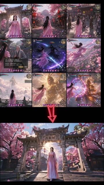 Three-by-three fantasy storyboard grid with a glowing red sword, anime characters, and sequential action panels.