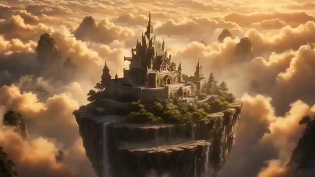 Floating fantasy castle above golden clouds at sunset, used as a cinematic image-to-video motion example.