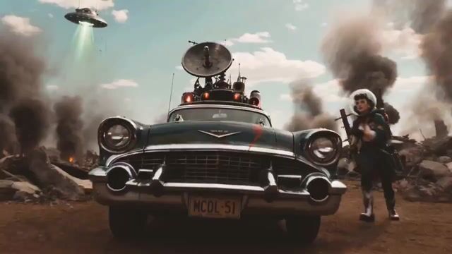 Vintage black car and rider in a smoky desert chase scene with cinematic dust, warm lighting, and action-commercial framing.